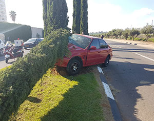 רכב עלה על אי תנועה ופגע בעץ ברחוב מנחם בגין